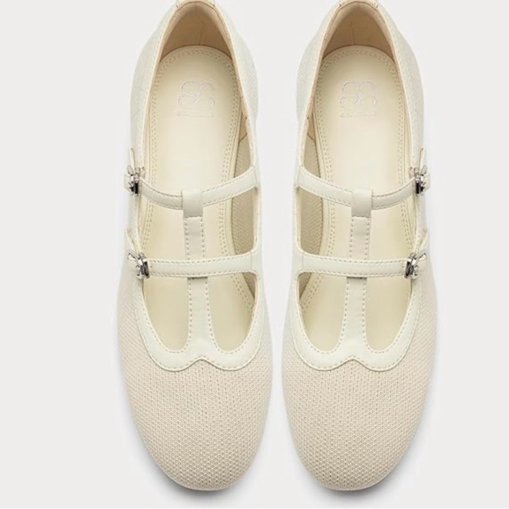 NWT Flabelus Cosy Island Mary Janes, Double Strap Light Cream Recycled Knit Sz 8